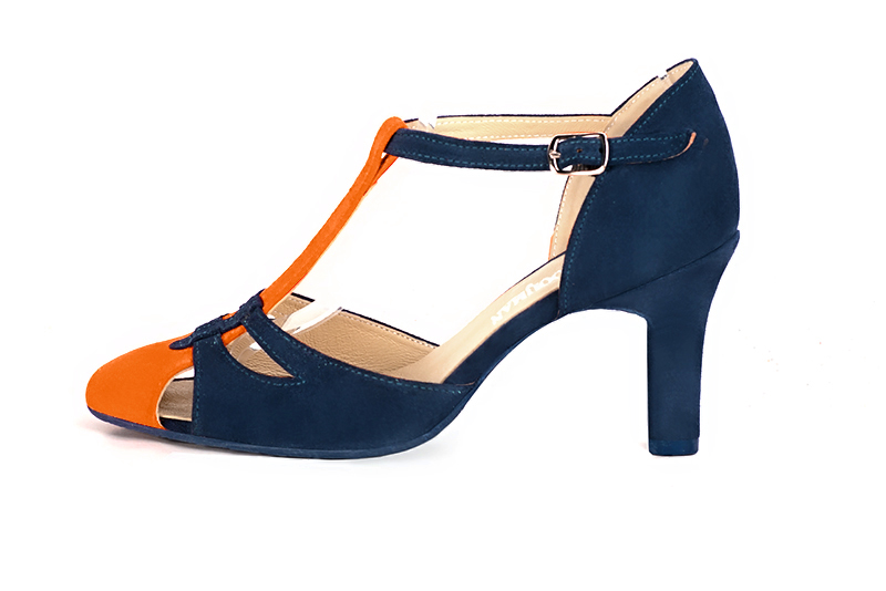 Clementine orange and navy blue women's T-strap open side shoes. Round toe. High kitten heels. Profile view - Florence KOOIJMAN